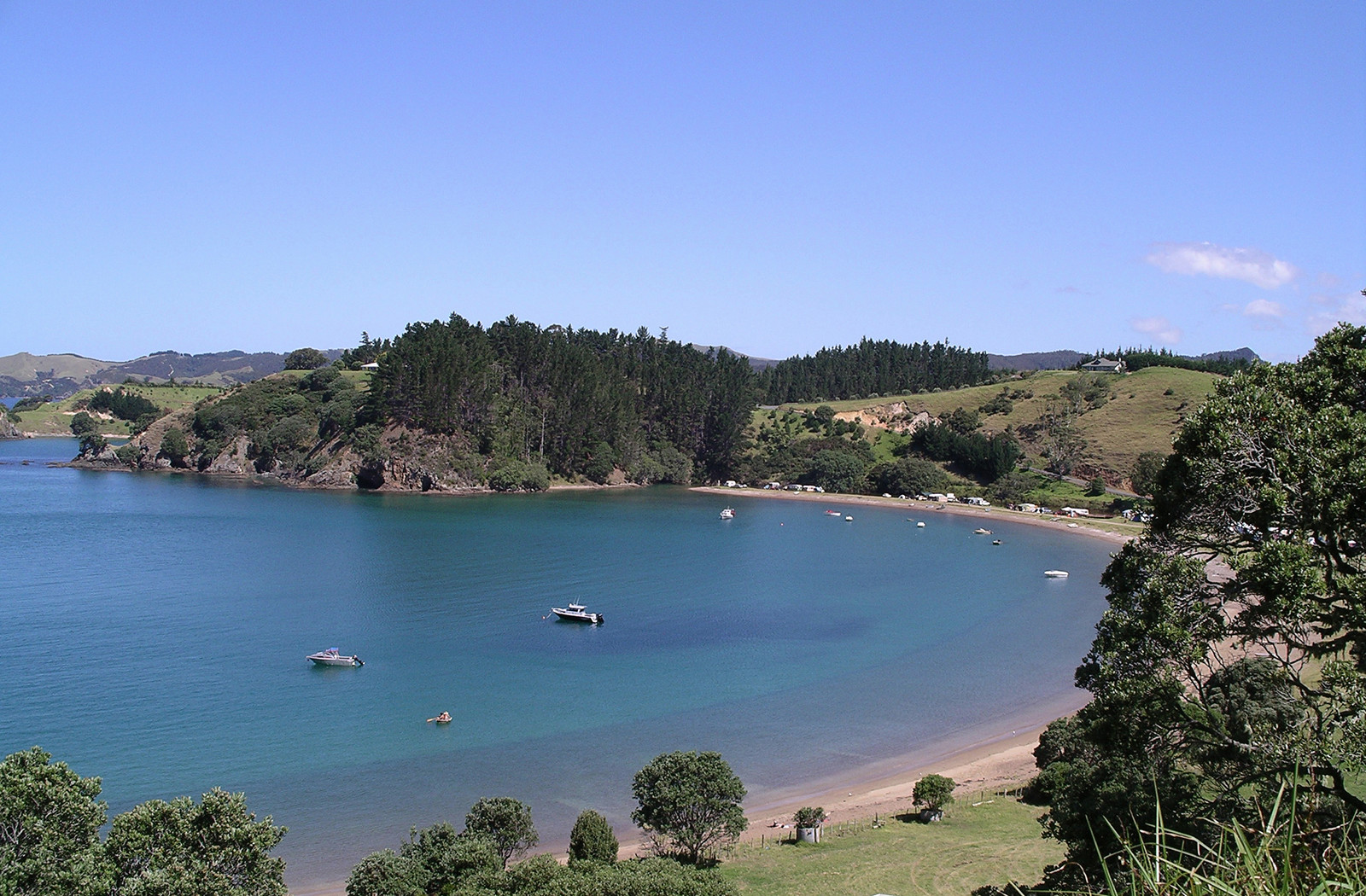 Looking over Mahinepua Beach to Waiwurrie Luxury Bed and Breakfast near the Bay of Islands, Northland