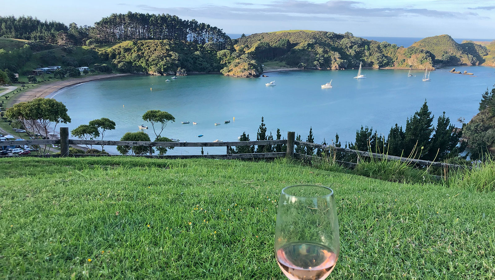 wine on the front lawn with spectacular sea views of mahinepua beach